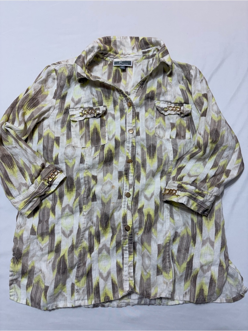 JM Collection Button Down Shirt Yellow Gray White 10P Linen Ikat Western Gold
